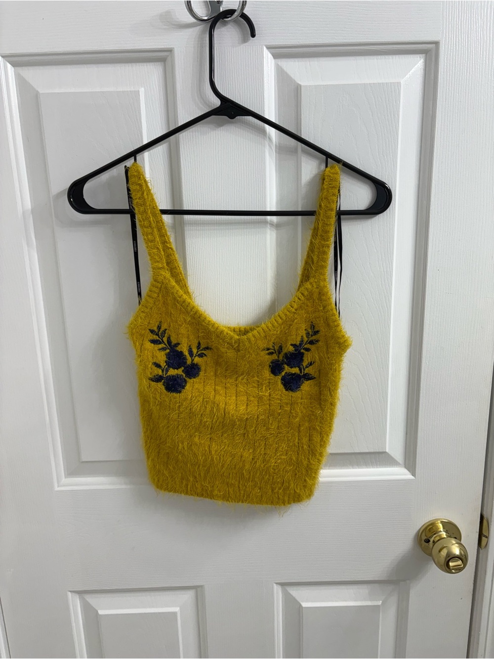 Forever 21 Mustard Yellow Fuzzy Knit Floral Crop Tank Top